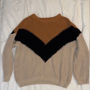 Lulu's Beige, Brown & Black Chevron Crewneck Sweater